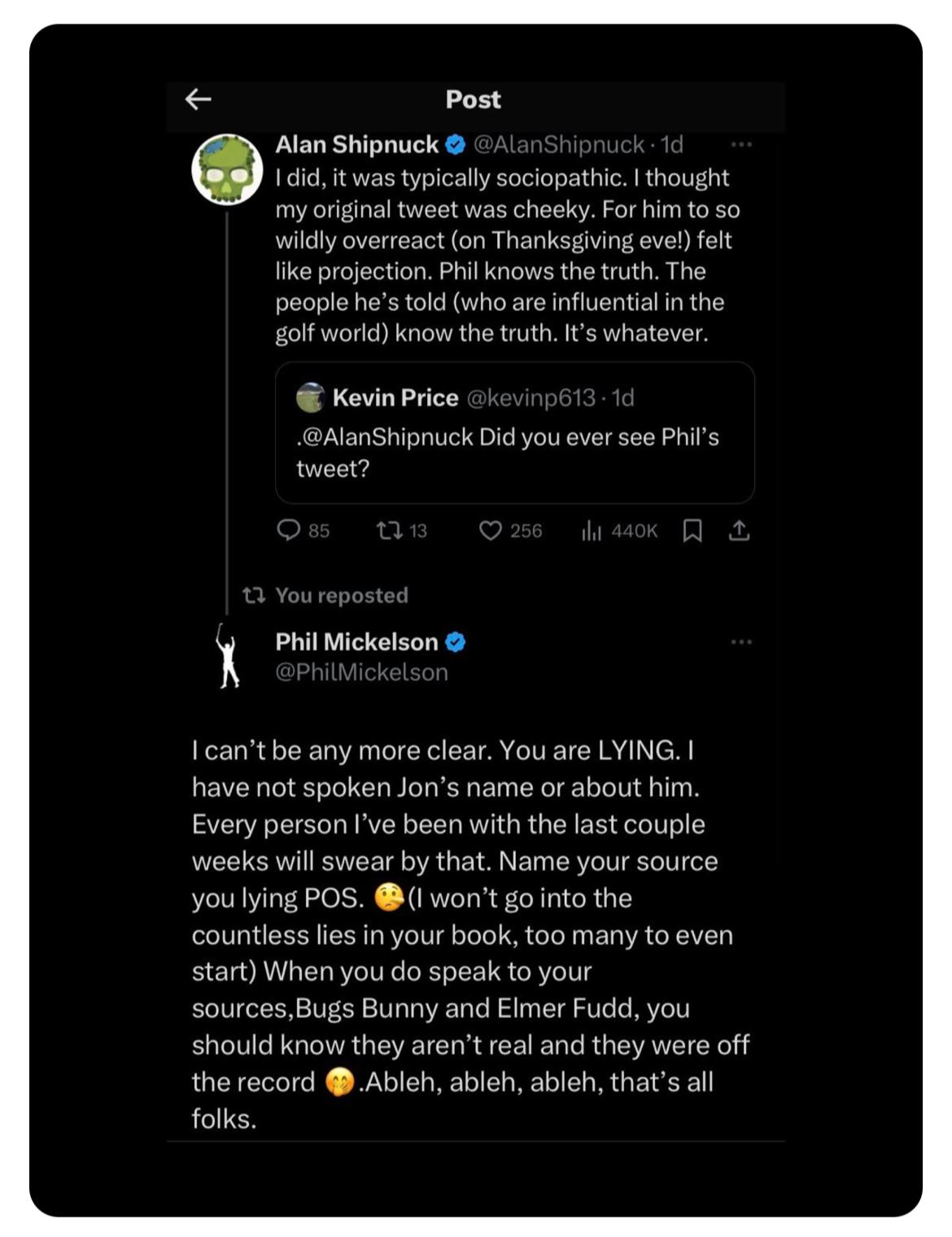 Phil Mickelson tears into journalist with Looney Tunes dig: 